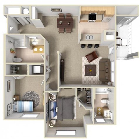 Floor plan for 2 beds, 2 baths, 1169 sqft